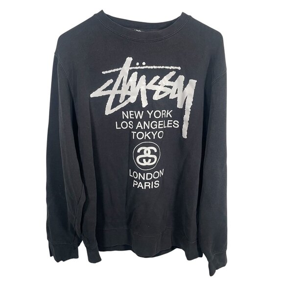 Stussy World Tour Crewneck Sweatshirt Mens Large Pullover Black Double Sided - Picture 1 of 5